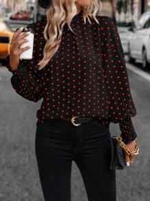 SHEIN Clasi Blusa de manga farol de cuello camisero con estampado de lunares, blusas de manga larga - Negro - Ver 4