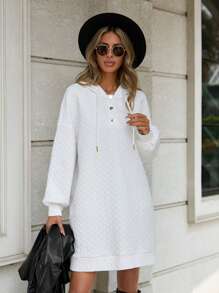 SHEIN LUNE Nút Nửa Thả vai Dây rút Đầm có mũ - trắng - Xem 3