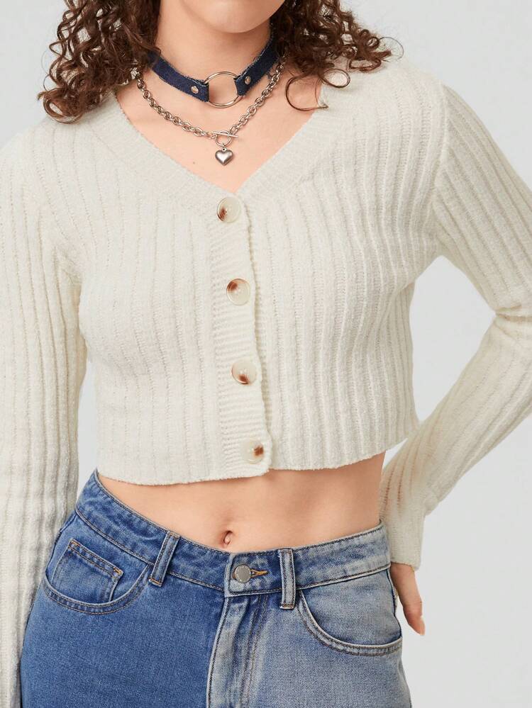 Solid Button Front Crop Cardigan