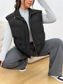 SHEIN EZwear Chaqueta minimalista sin mangas con cierre de cremallera frontal, de uso diario casual, para talla grande - Beis - Ver 3