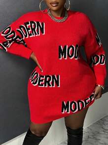 Slaydiva Plus Letter Pattern Drop Shoulder Sweater Dress - Red - View 2