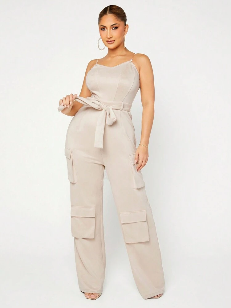 Flap Pocket Belted Cami Jumpsuit