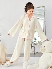 SHEIN Teen Girl Contrast Binding Dual Pocket Drop Shoulder PJ Set