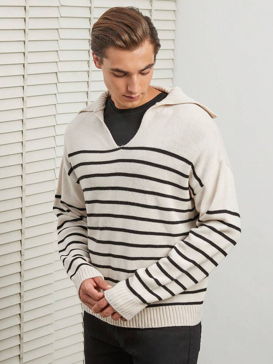 RueChic Men Striped Pattern Drop Shoulder Sweater - Black and White - View 1