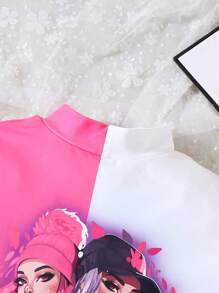 SHEIN 女大童人物和字母圖案雙色T恤洋裝