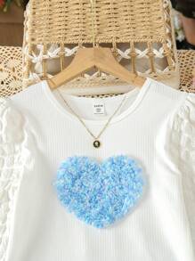 SHEIN Garota pré-adolescente Coração Corrigida Manga Bufante Camiseta & Denim Efeito Imprimir Calças Perna Flare