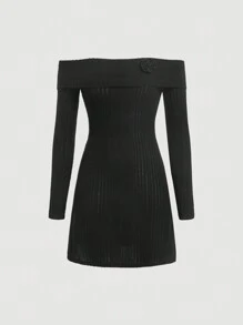 SHEIN MOD Off Shoulder Hoa Đã vá Đồ đan Ribbed Váy bodycon - màu đen - Xem 1
