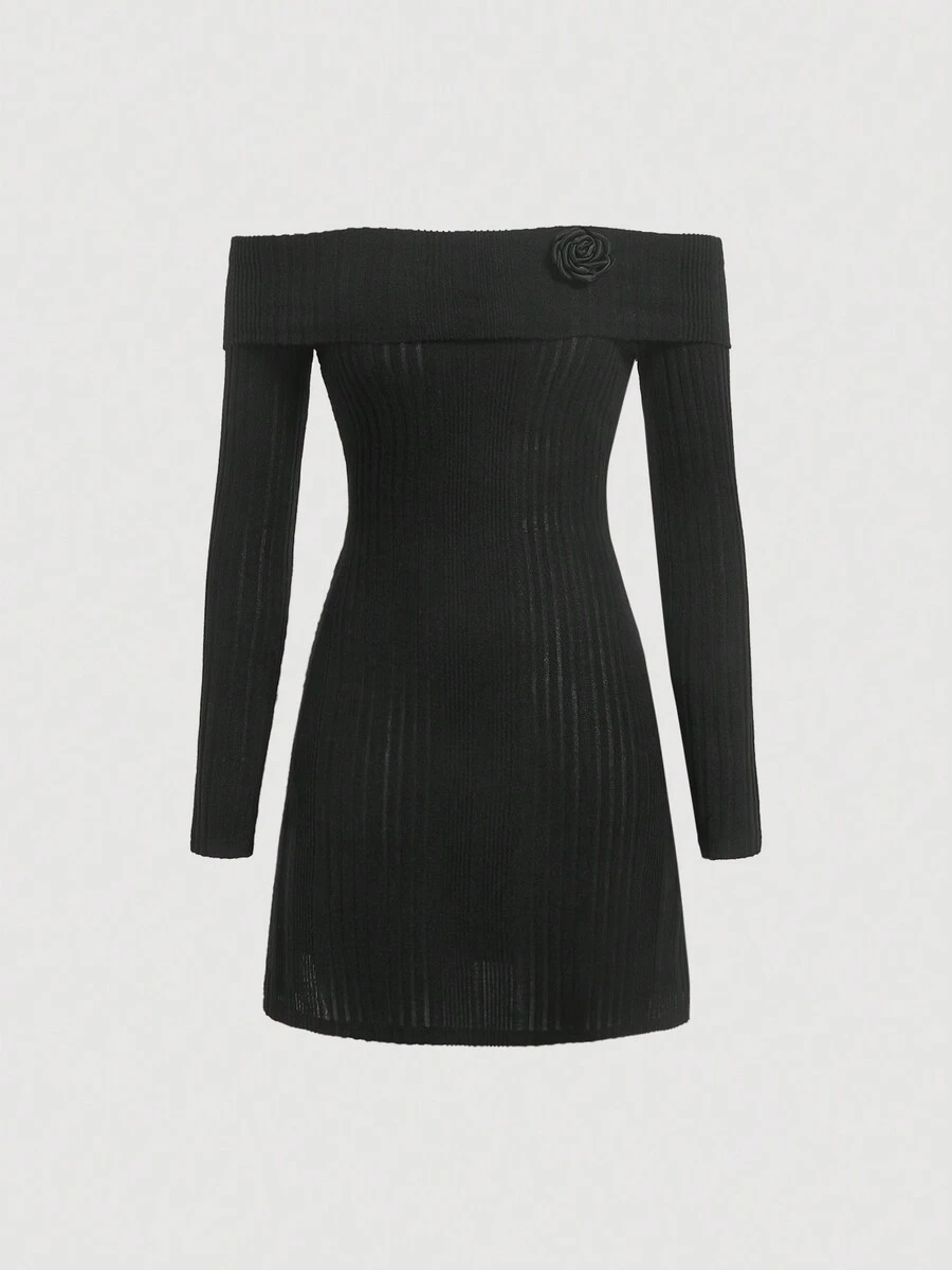 SHEIN MOD Off Shoulder Hoa Đã vá Đồ đan Ribbed Váy bodycon - màu đen - Xem 1