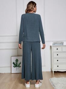 SHEIN LUNE 女羅紋針織t卹+寬褲套裝 - 霧霾藍 - 查看 2