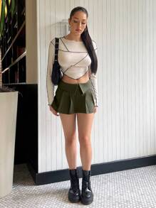 Muchica Foldover Waist Pleated Skirt - Green - View 3