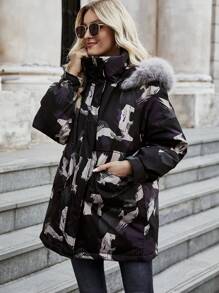 SHEIN LUNE Graphic Fuzzy Trim Hooded Down Coat Fall Cloth For Women - Black - View 6