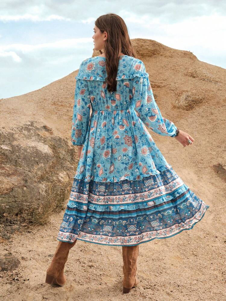 All-Over Floral Tie-Up Dress Without Belt Boho Women Clothing