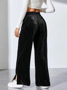SHEIN Tall Split Hem Velvet Pants - Black - View 2
