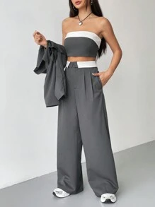 SHEIN EZwear 秋冬季翻领短款西装外套搭配阔腿西装裤和抹胸上衣 - 深灰色 - 查看 3