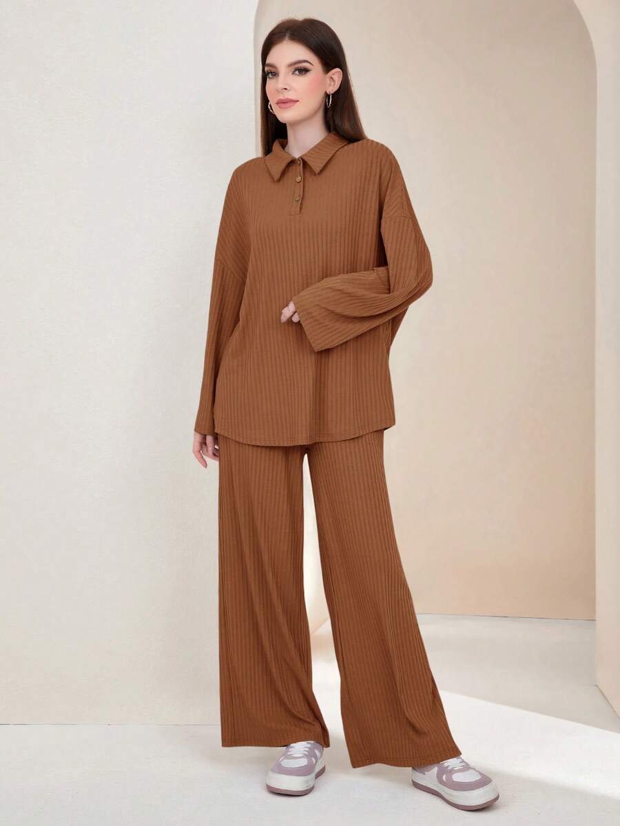 Mulvari Cổ Polo Thả vai Áo thun & Quần - Cà phê nâu - Xem 1