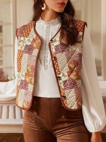 SHEIN Frenchy 秋冬拼布印花撞色绑带背心棉服外套 - 彩色 - 查看 5