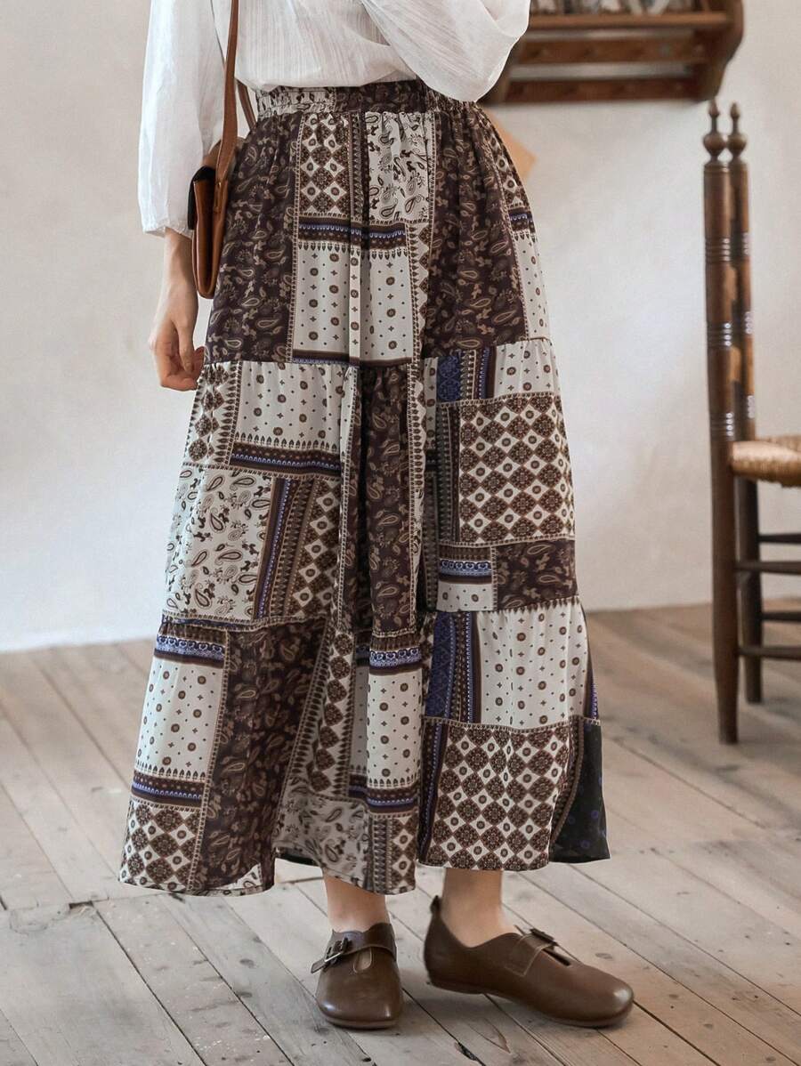 FRIFUL Falda con estampado de retazo bajo con fruncido