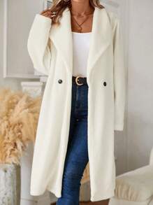 SHEIN Clasi 大翻領雙排釦絨毛外套 - 白色 - 查看 5