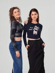 SHEIN EZwear Camiseta Corta Impresa Con Dibujos Animados De Personajes - Azul Marino - Ver 1