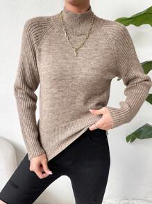 SHEIN Essnce Mock Neck Raglan Sleeve Sweater - Mocha Brown - View 3