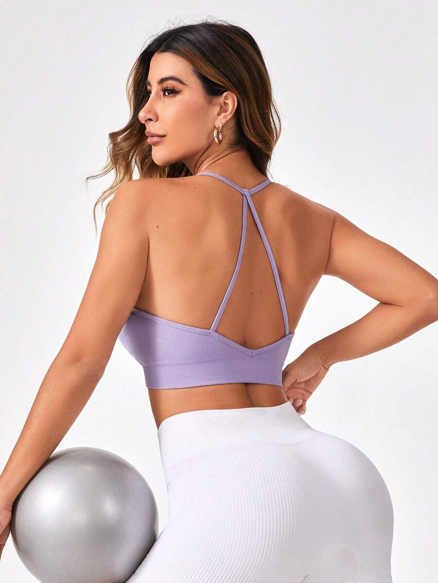 SHEIN Yoga Basic Solid Backless Sports Bra - Violet Purple - View 1