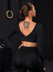 SHEIN Tennis Casual Của phụ nữ Cổ vuông Chất rắn Có màu sắc Ngắn Thể thao Áo thun - màu đen - Xem 5