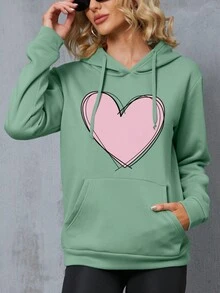 SHEIN EZwear In Trái tim Túi kangaroo Dây rút Hoodie - Màu xanh Bạc hà - Xem 5