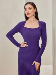 Modelyn Của phụ nữ Cổ vuông Màu thuần Vừa sát người Đồ đan Ribbed Viền tua Hem Đầm Áo len Không có Eo Thắt lưng - Màu tím - Xem 1