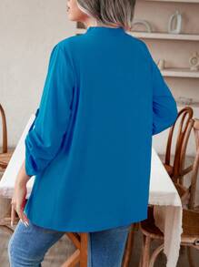 SHEIN LUNE Hơn Cổ có Lỗ hổng Tay áo cuộn Nút phía trước Áo sơ mi - Màu xanh lam - Xem 2