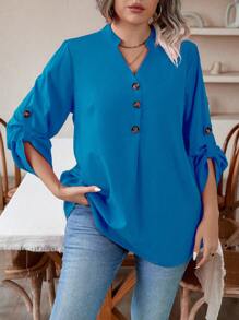 SHEIN LUNE Hơn Cổ có Lỗ hổng Tay áo cuộn Nút phía trước Áo sơ mi - Màu xanh lam - Xem 3