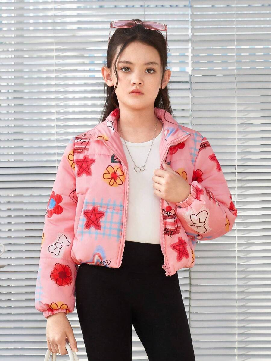 SHEIN Tween Girl 1pc Cartoon Graphic Padded Coat - Multicolor - View 1