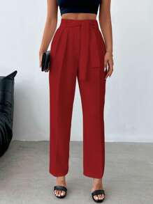 EURMUSE Women's Belted Straight Leg Pants - Red - View 5