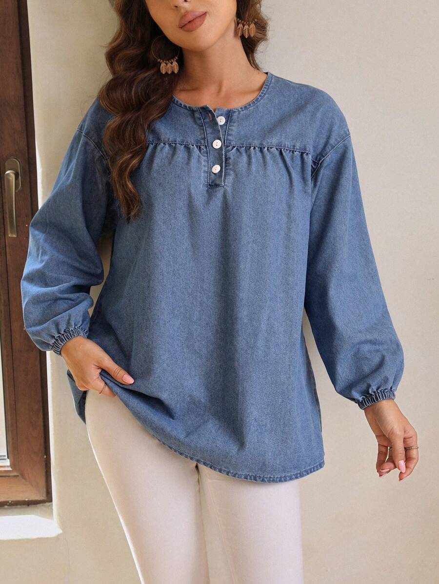 SHEIN LUNE Nút Nửa Tay áo lồng đèn Tops Denim - Rửa nhẹ - Xem 1