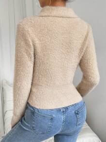 SHEIN Unity Solid Fuzzy Knit Pullover Fall Winter Sweater - Khaki - View 2