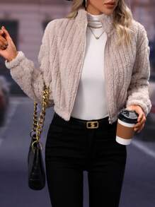 SHEIN Frenchy Drop Shoulder Zipper Up Crop Fuzzy Jacket - Apricot - View 6