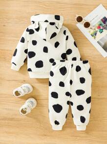 女嬰波點圖案3D耳朵設計連帽衫和運動褲 - 白色 - 查看 2