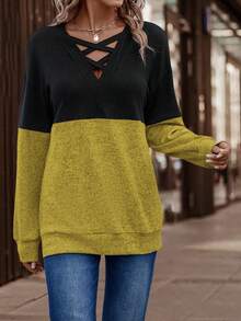 SHEIN LUNE Two Tone Crisscross Drop Shoulder Sweatshirt - Yellow - View 4