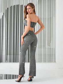 SHEIN Privé Glitter Tube Top & Flare Leg Pants - Black - View 4