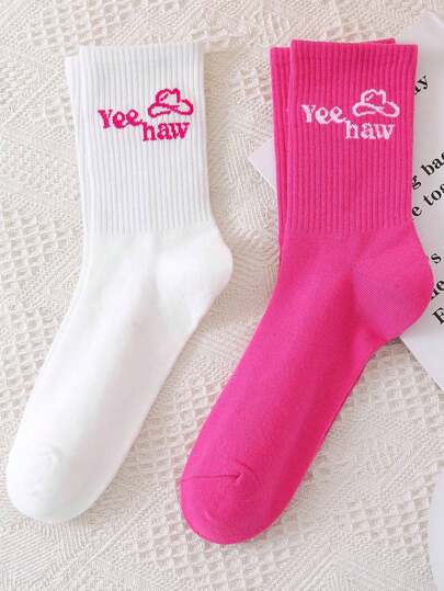 Morgan Mondays Co 2 pares de calcetines tripulación con gráfico de letras, estilo Girlcore artístico, para días festivos