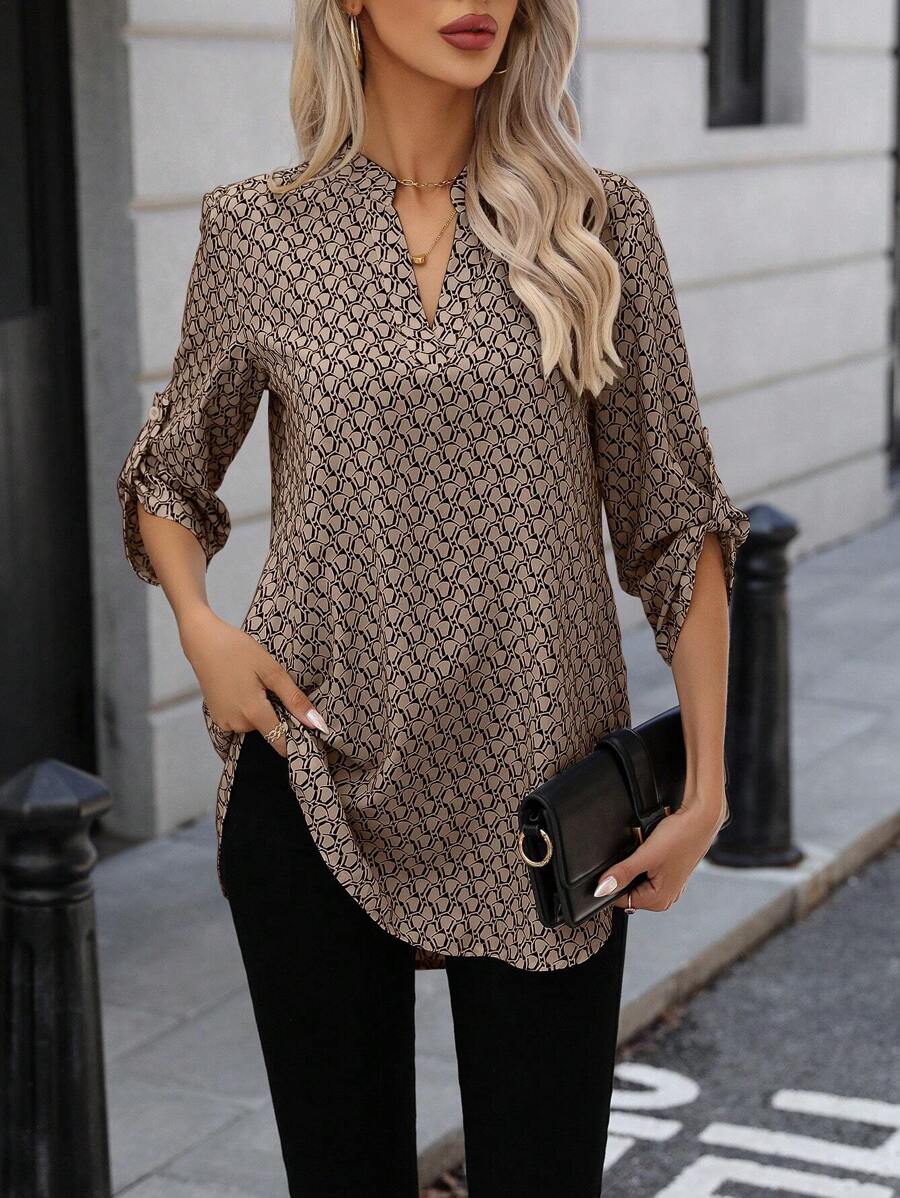 EMERY ROSE 满版印花卷袖弧形下摆衬衫、七分袖上衣