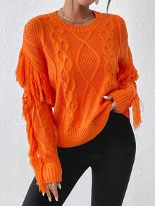 SHEIN Essnce Viền rìa Thả vai Xoắn Dan Áo len - trái cam - Xem 6