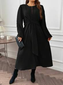SHEIN Franclia Plus Lantern Sleeve Knot Front Dress - Black - View 5