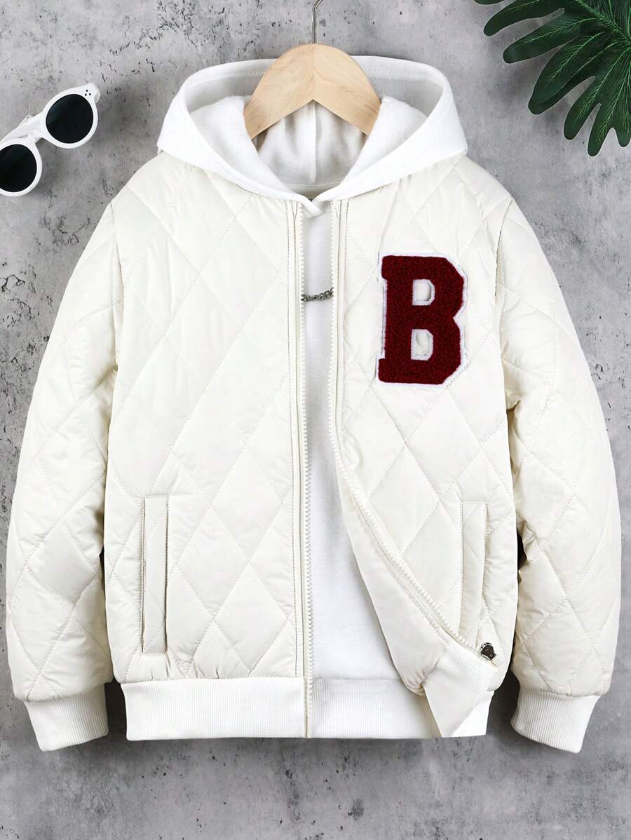 SHEIN Tween Girl Letter Patched Detail Zip Up Quilted Bomber Jacket Without Hoodie - White - View 1