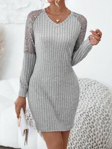 SHEIN LUNE Vestido con encaje de manga raglán tejido de canalé - Gris - Ver 3