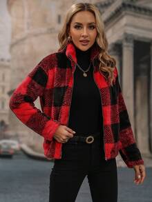SHEIN LUNE In kẻ sọc Buffalo Thả vai Flannel Áo khoác - Đỏ - Xem 5