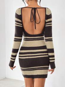 SHEIN Essnce Striped Pattern Tie Backless Sweater Dress - Khaki - View 3