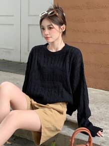 Dazy Star Solid Drop Shoulder Cable Knit Sweater - Black - View 3