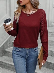 SHEIN LUNE Contrast Lace Raglan Sleeve Tee - Red - View 3