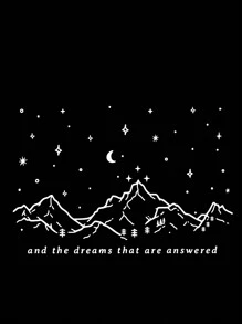 SHEIN EZwear Plus Size Mountain & Slogan Graphic Kangaroo Pocket Drawstring Thermal Sweatshirt - Black - View 3