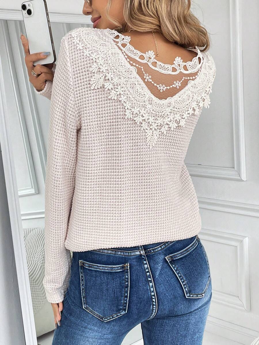 SHEIN LUNE Camiseta con encaje tejido waffle - Verde - Ver 1